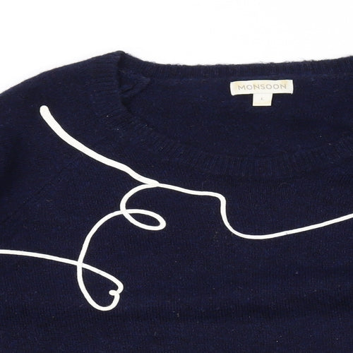 Monsoon Womens Blue Round Neck Geometric Acrylic Pullover Jumper Size M