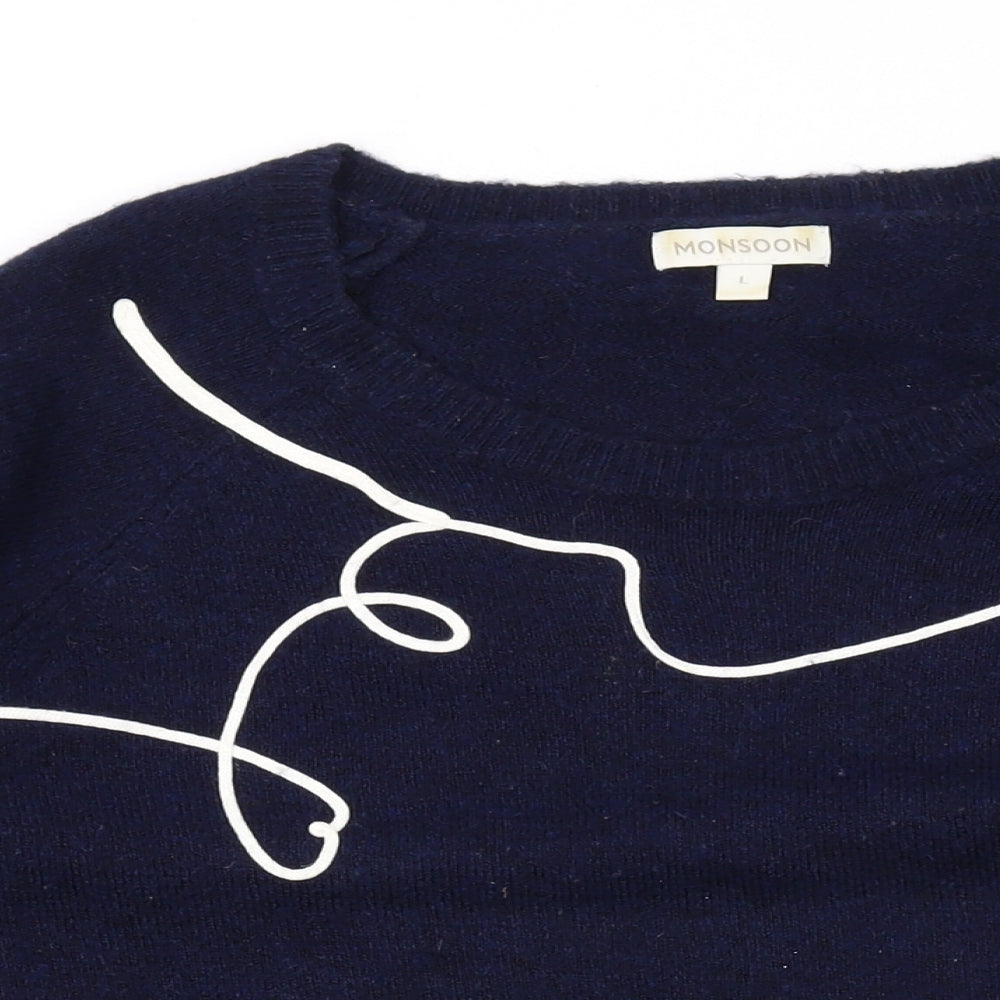 Monsoon Womens Blue Round Neck Geometric Acrylic Pullover Jumper Size M