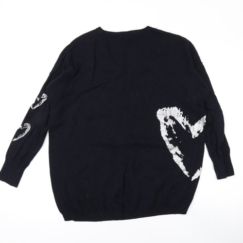 Mint Velvet Womens Black V-Neck Geometric Cotton Pullover Jumper Size S