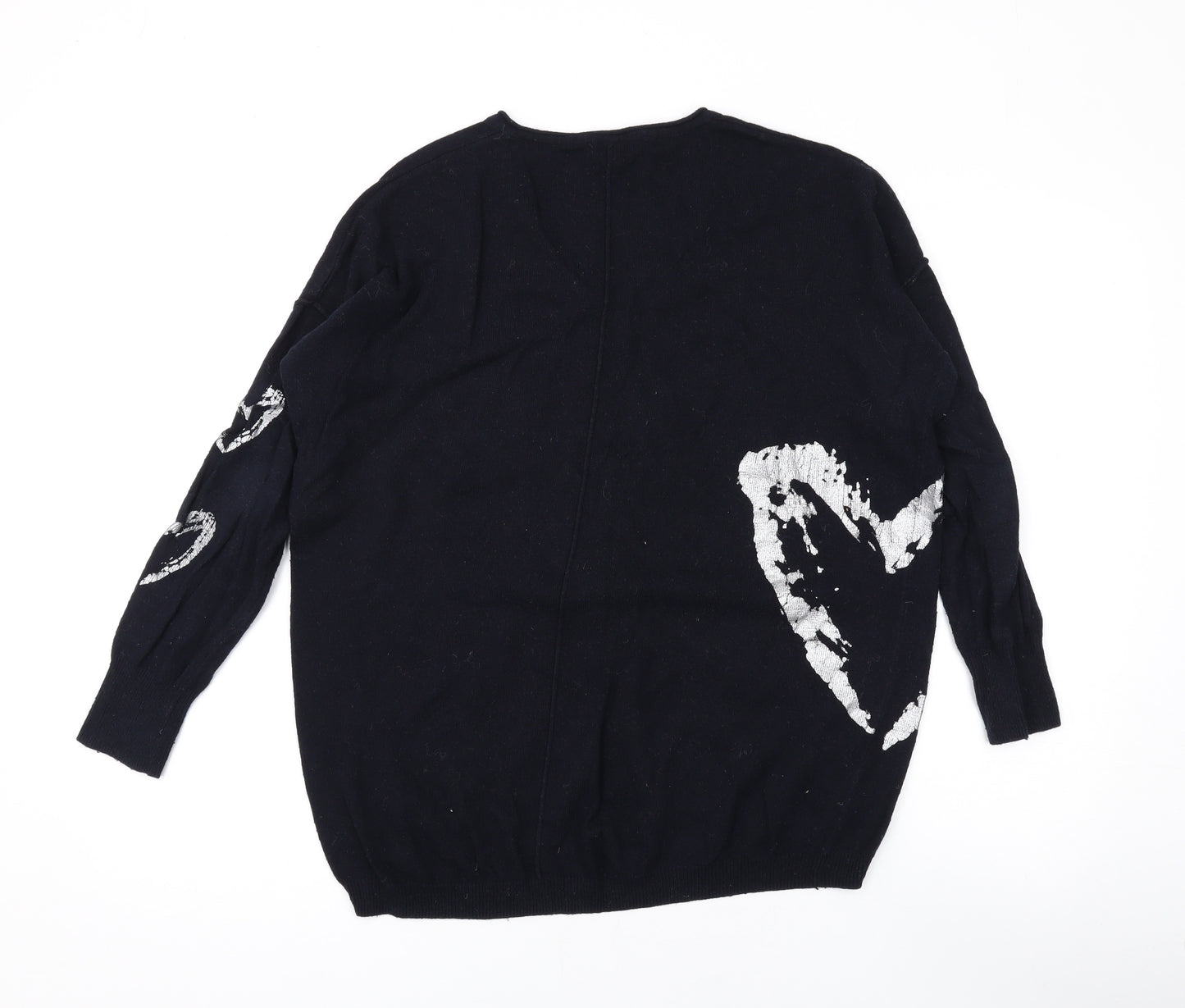 Mint Velvet Womens Black V-Neck Geometric Cotton Pullover Jumper Size S