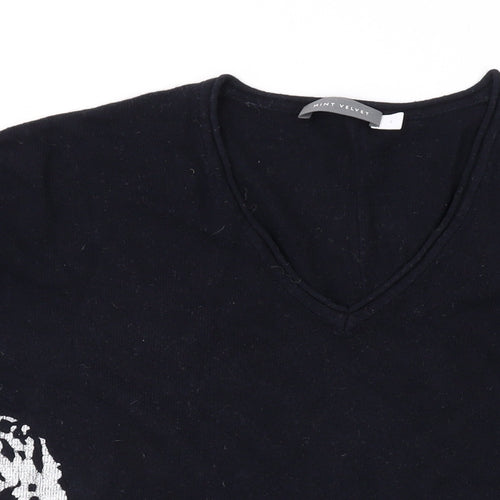 Mint Velvet Womens Black V-Neck Geometric Cotton Pullover Jumper Size S