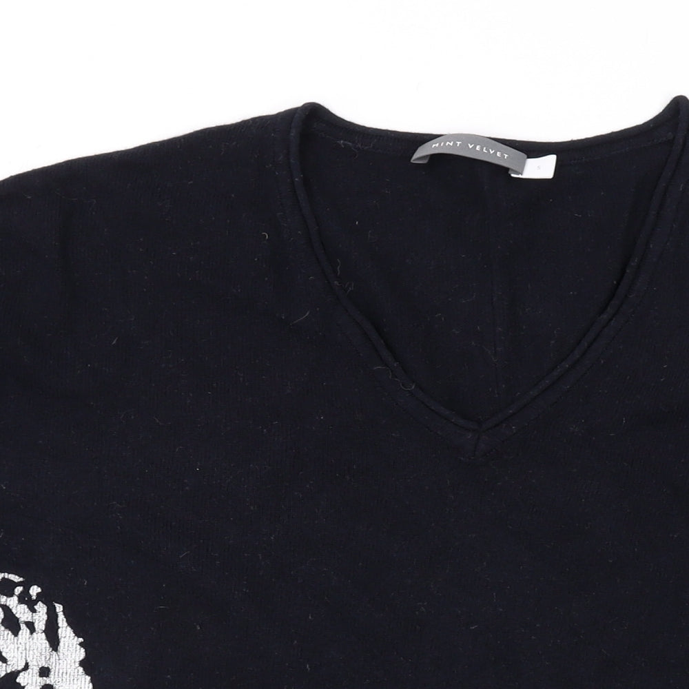 Mint Velvet Womens Black V-Neck Geometric Cotton Pullover Jumper Size S