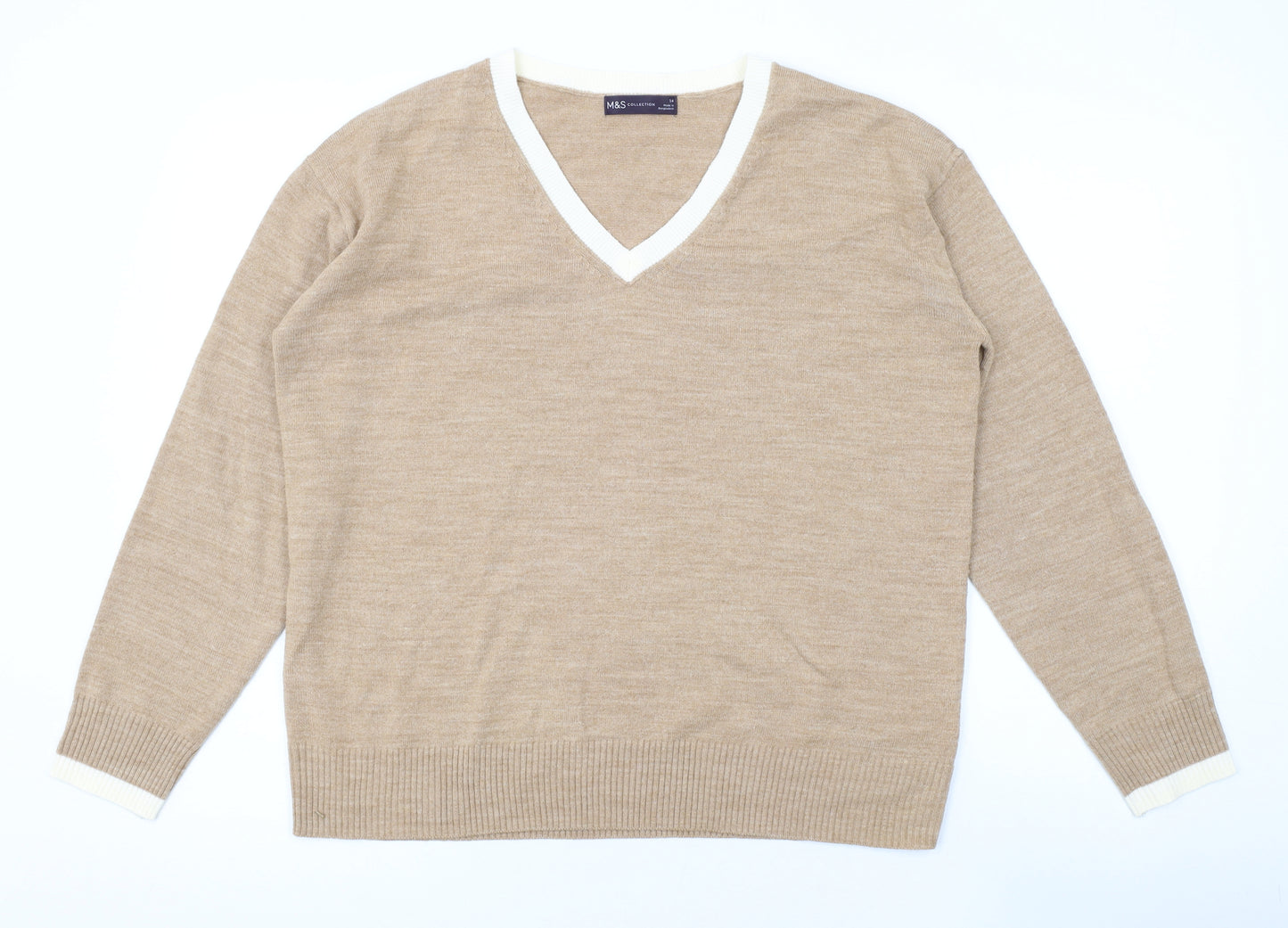 Marks and Spencer Womens Brown V-Neck Acrylic Pullover Jumper Size 14