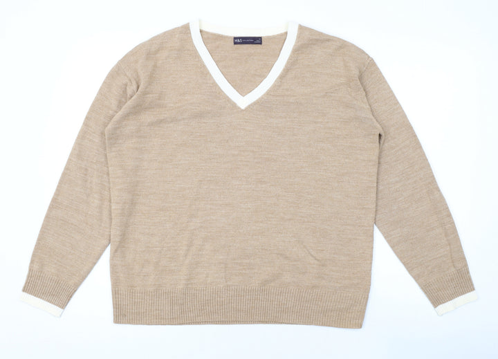 Marks and Spencer Womens Brown V-Neck Acrylic Pullover Jumper Size 14