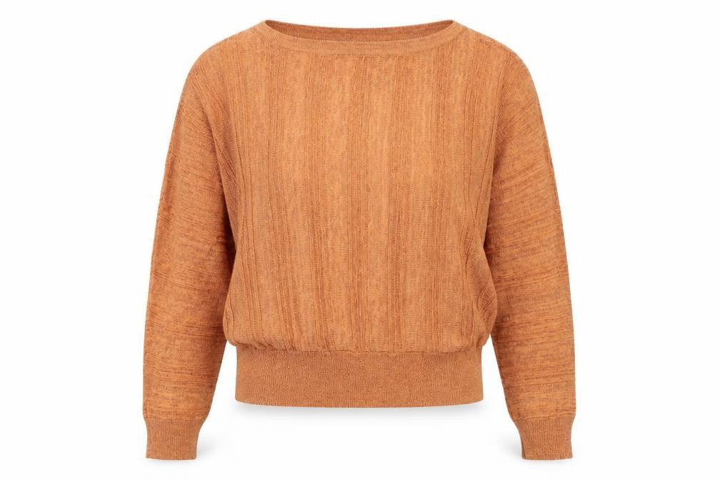 Front view of Marks & Spencer women’s orange round neck viscose jumper, size UK 10