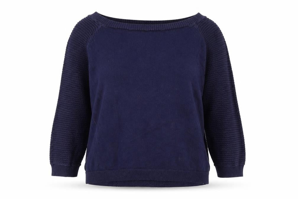 Front view of Gap women’s blue boat neck cotton jumper, size M