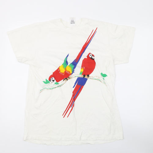 WWF Womens White Cotton Basic T-Shirt One Size Round Neck - Parrot