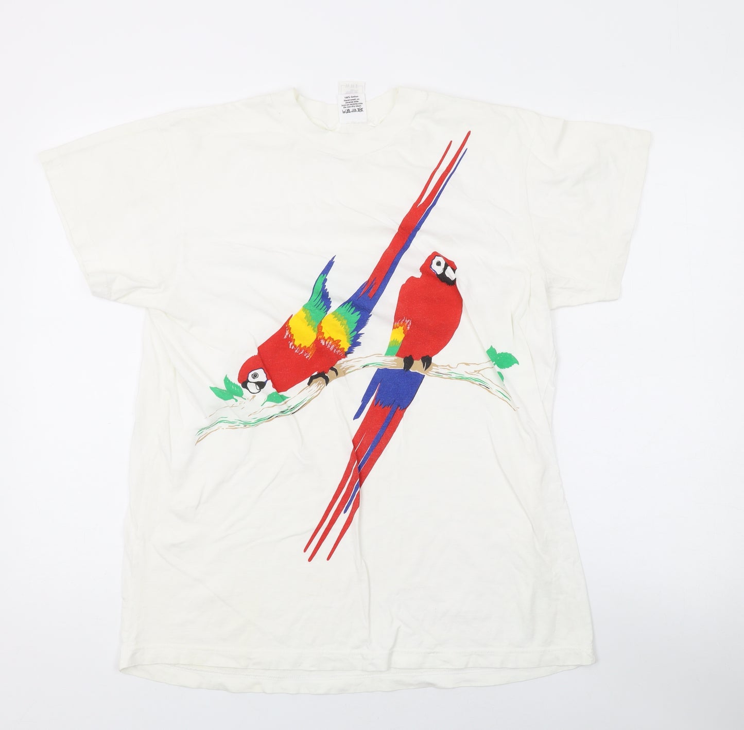 WWF Womens White Cotton Basic T-Shirt One Size Round Neck - Parrot