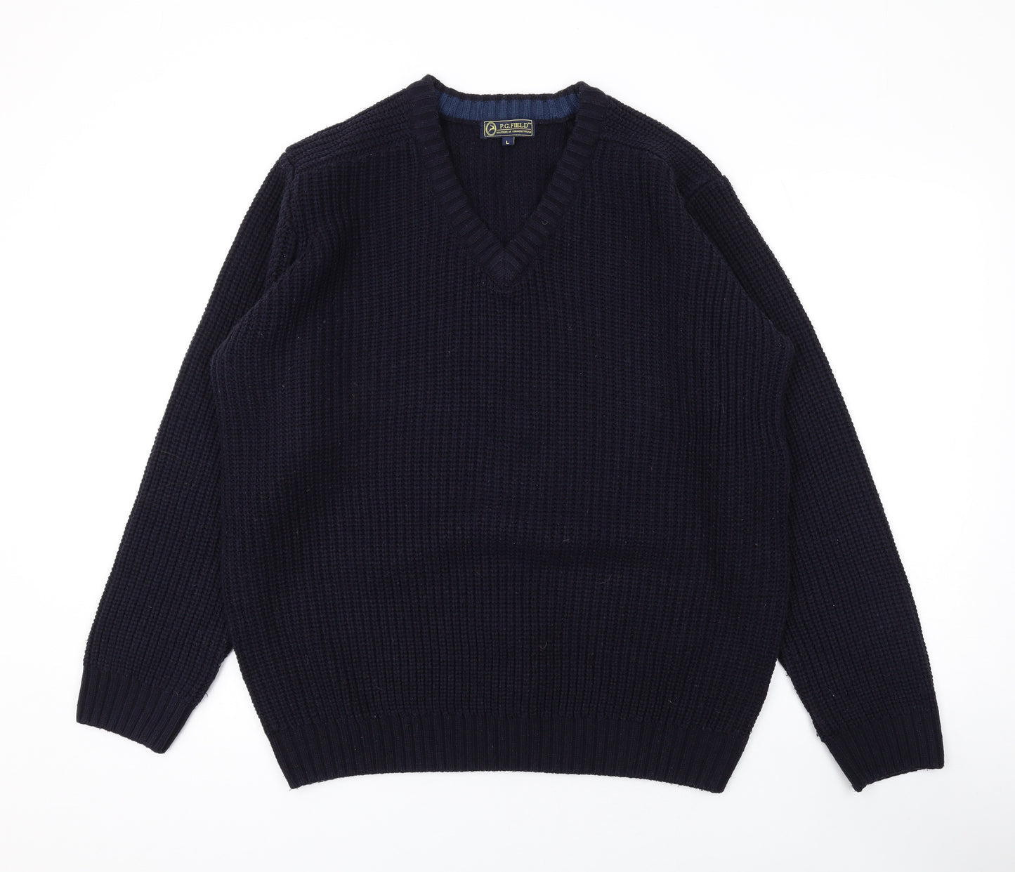 P.G.Field Mens Black V-Neck Acrylic Pullover Jumper Size L Long Sleeve
