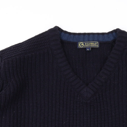 P.G.Field Mens Black V-Neck Acrylic Pullover Jumper Size L Long Sleeve