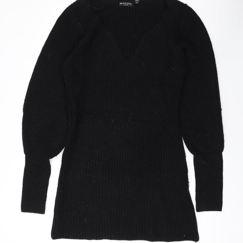 Brave Soul Womens Black V-Neck Acrylic Pullover Jumper Size M