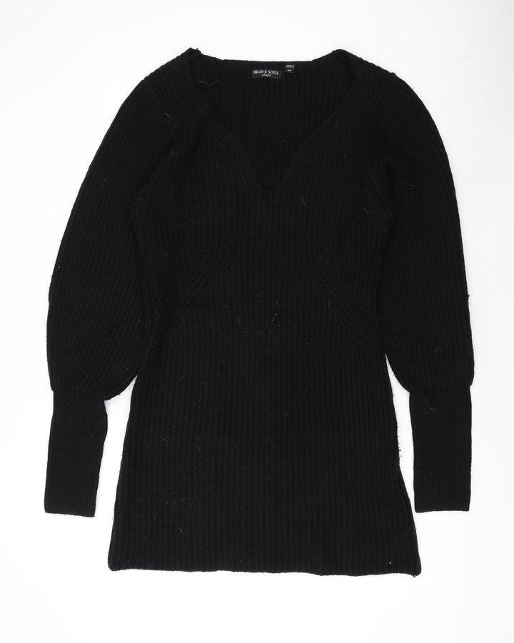 Brave Soul Womens Black V-Neck Acrylic Pullover Jumper Size M