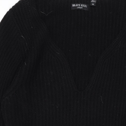 Brave Soul Womens Black V-Neck Acrylic Pullover Jumper Size M