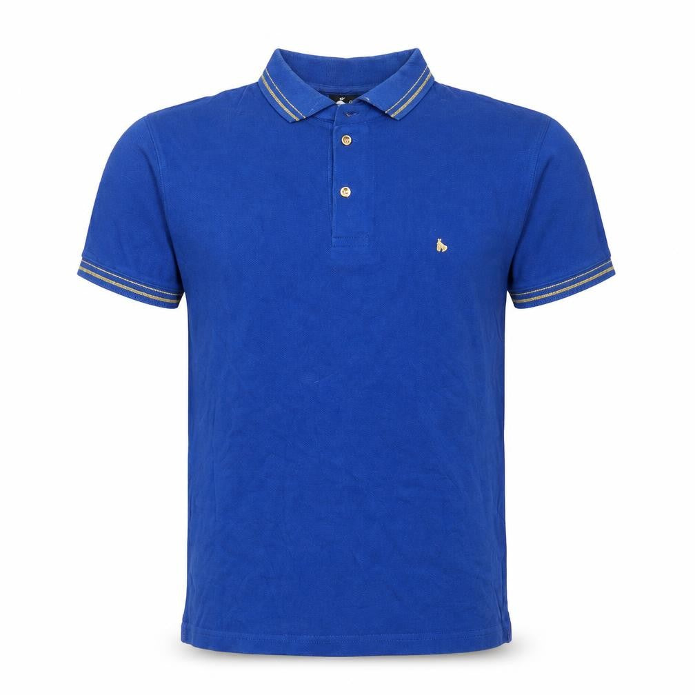 Front view of Money men’s blue cotton polo, size S, collared pullover