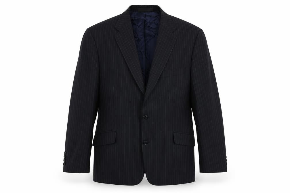 Front view of Autograph men’s blue striped wool jacket suit jacket, size 44, regular