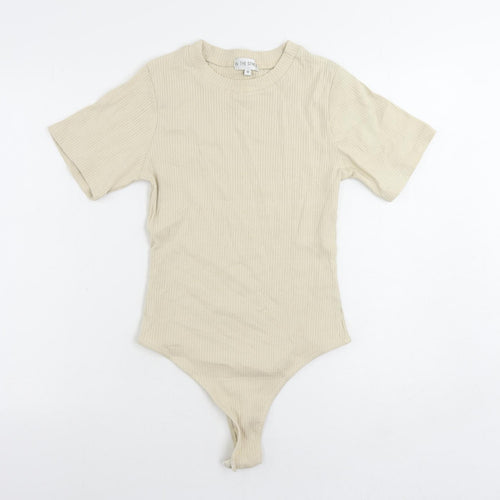 In the Style Womens Beige Cotton Bodysuit One-Piece Size 10 Snap - Ribbed