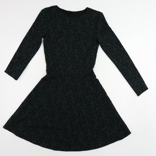 H&M Womens Green Geometric Polyester Skater Dress Size S Round Neck Pullover