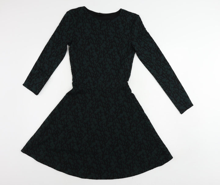 H&M Womens Green Geometric Polyester Skater Dress Size S Round Neck Pullover