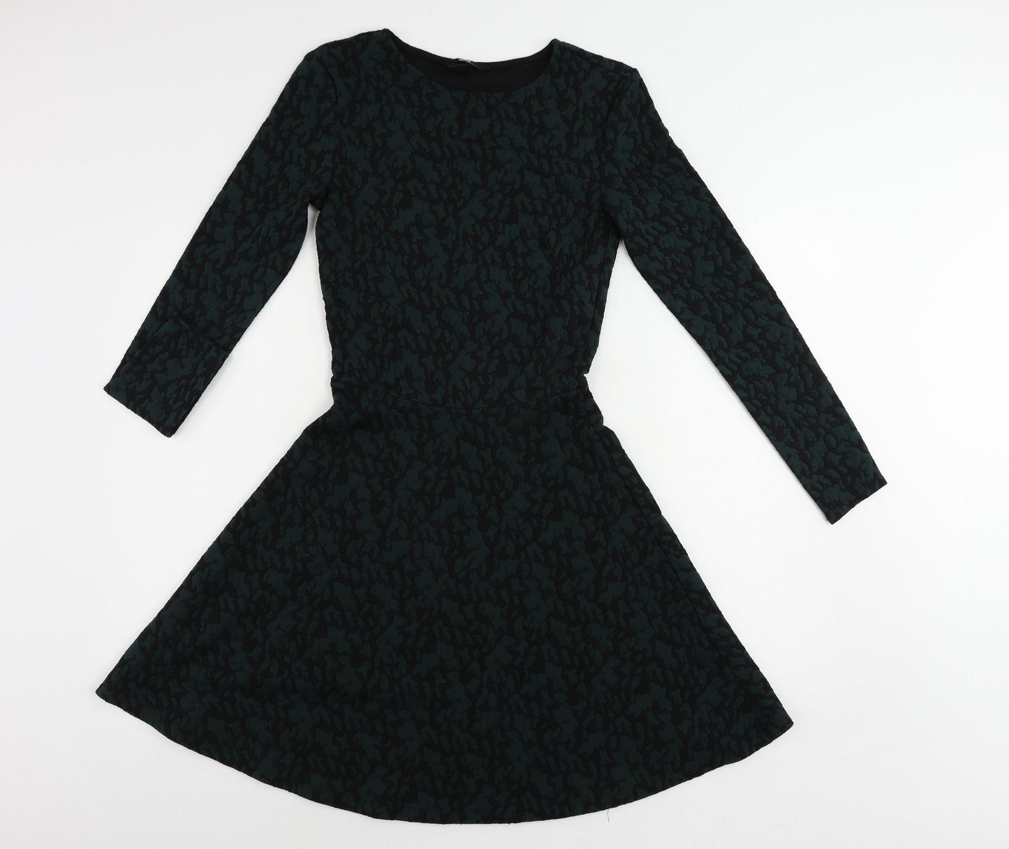 H&M Womens Green Geometric Polyester Skater Dress Size S Round Neck Pullover