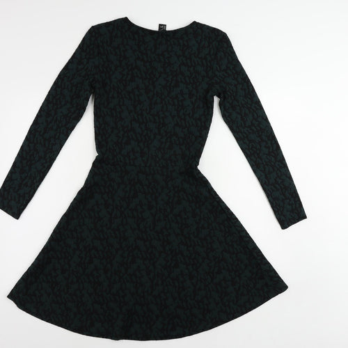 H&M Womens Green Geometric Polyester Skater Dress Size S Round Neck Pullover