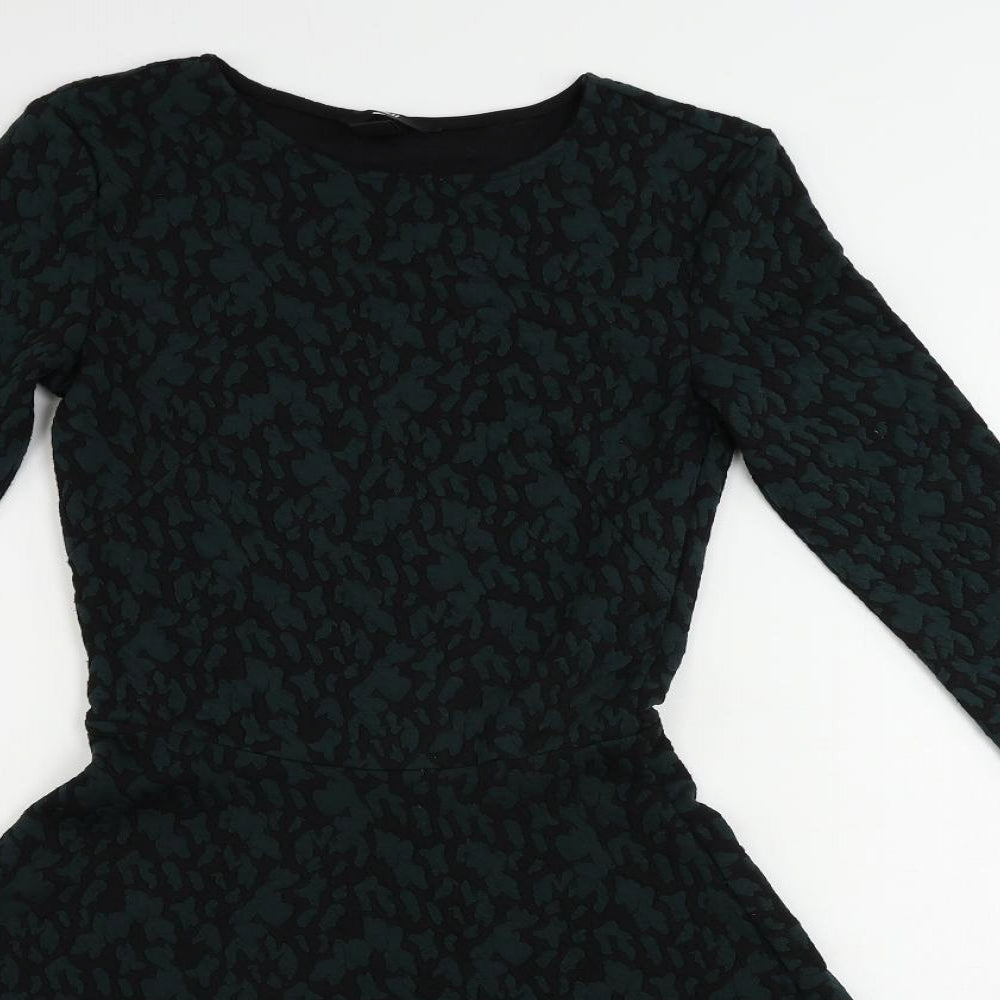 H&M Womens Green Geometric Polyester Skater Dress Size S Round Neck Pullover