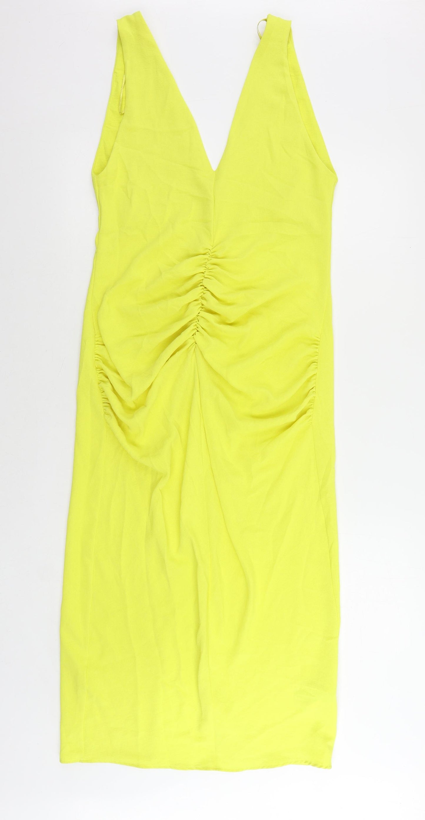 Zara Womens Yellow Polyester Sheath Size S V-Neck Pullover - Ruched