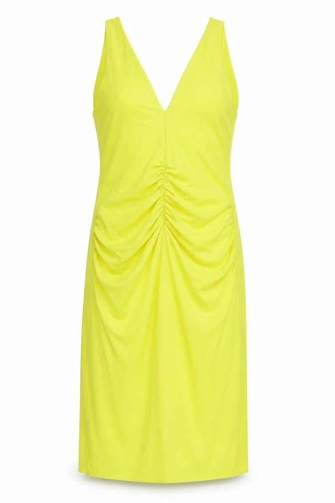 Front view of Zara women’s yellow polyester sheath, size S, v-neck pullover - ruched