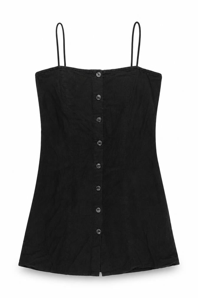 Front view of Motel Rocks women’s black cotton mini, size M, square neck button