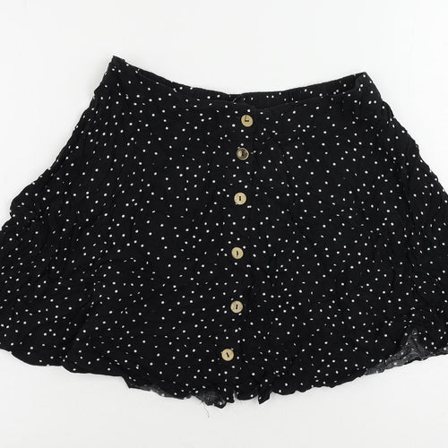 New Look Womens Black Polka Dot Viscose Mini Skirt Size 14 Button - Elastic Waist