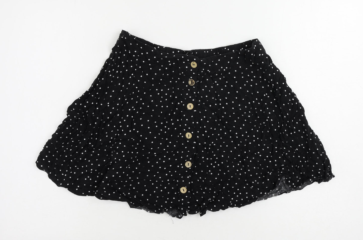 New Look Womens Black Polka Dot Viscose Mini Skirt Size 14 Button - Elastic Waist