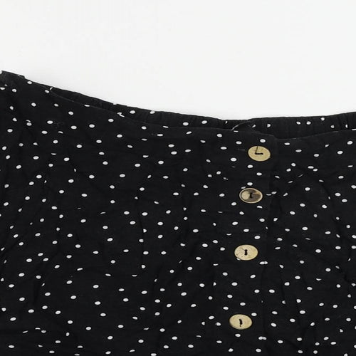 New Look Womens Black Polka Dot Viscose Mini Skirt Size 14 Button - Elastic Waist