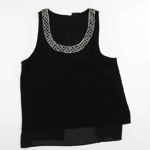 Topshop Womens Black Polyester Basic Blouse Size 12 Scoop Neck - Embellished Neckline