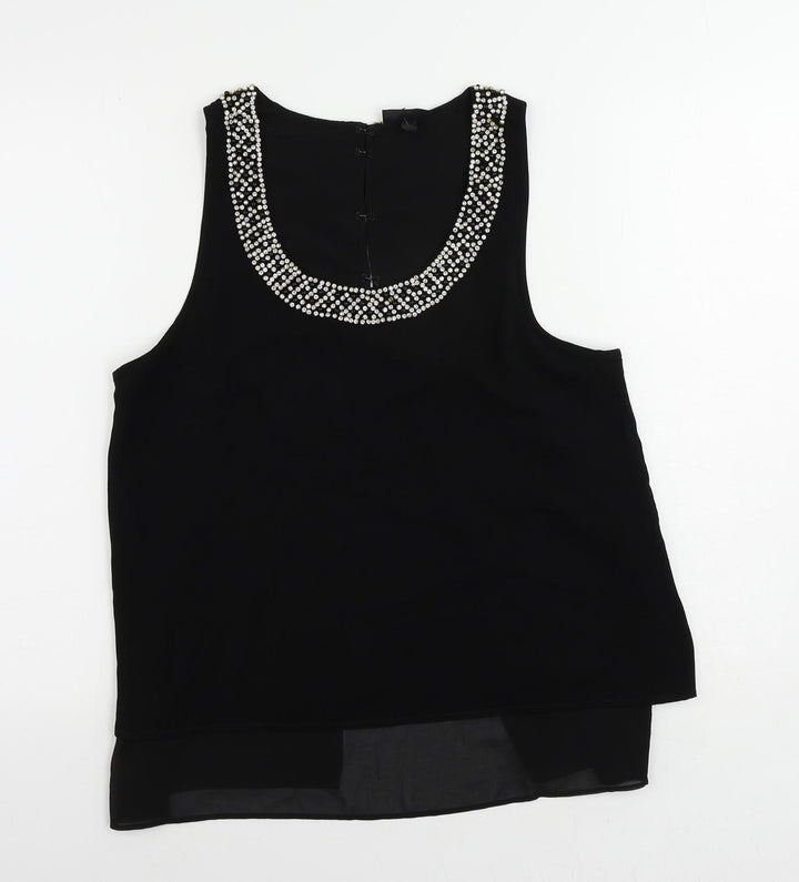 Topshop Womens Black Polyester Basic Blouse Size 12 Scoop Neck - Embellished Neckline