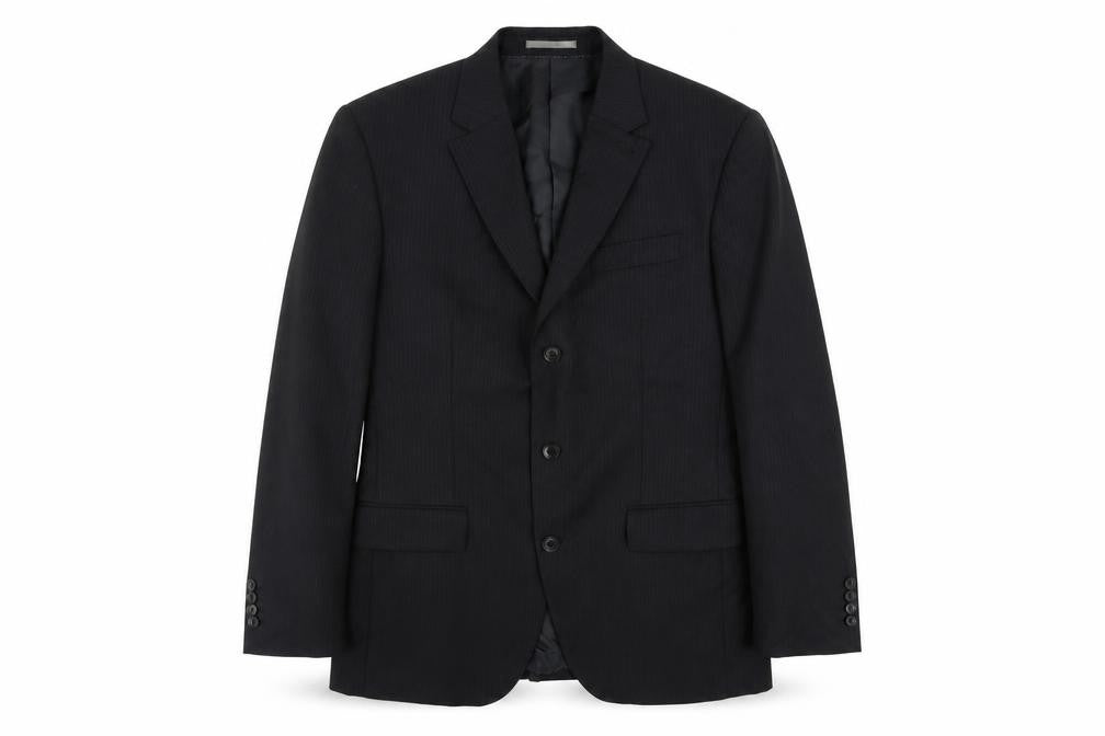 Front view of Next men’s black striped wool jacket suit jacket, size 40, regular