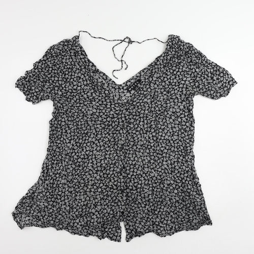 Motel Womens Black Floral Viscose Tunic Button-Up Size XL V-Neck