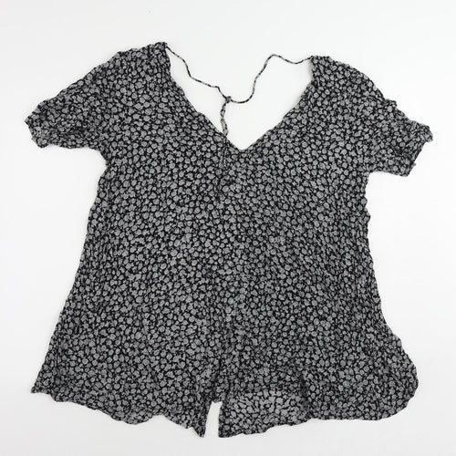 Motel Womens Black Floral Viscose Tunic Button-Up Size XL V-Neck