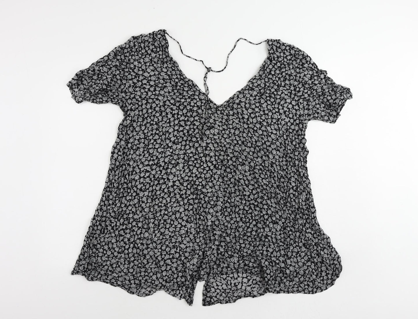 Motel Womens Black Floral Viscose Tunic Button-Up Size XL V-Neck