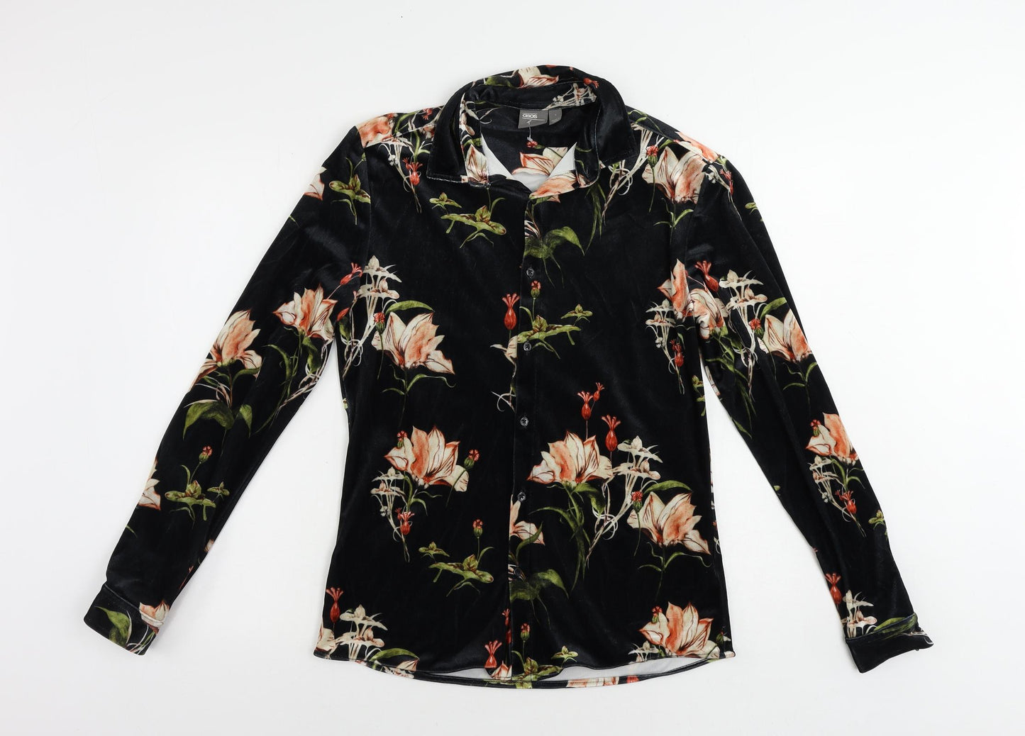 ASOS Womens Black Floral Polyester Basic Button-Up Size S Collared