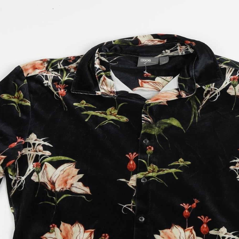 ASOS Womens Black Floral Polyester Basic Button-Up Size S Collared