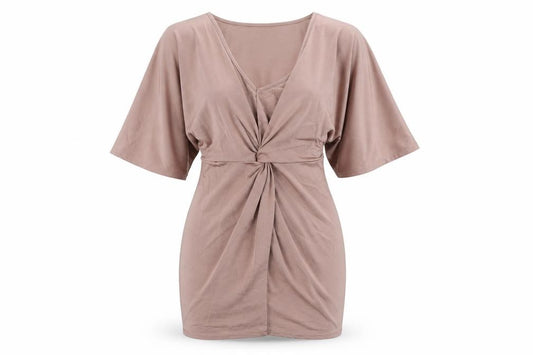 Front view of Boohoo women’s pink polyester mini, size UK 8, v-neck pullover