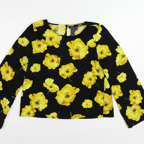 Bik Bok Womens Black Floral Polyester Basic Blouse Size XS Boat Neck