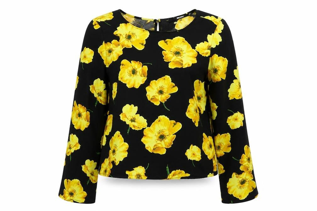 Front view of Bik Bok women’s black floral polyester basic blouse, size XS, boat neck