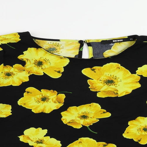 Bik Bok Womens Black Floral Polyester Basic Blouse Size XS Boat Neck
