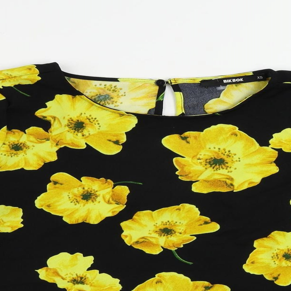 Bik Bok Womens Black Floral Polyester Basic Blouse Size XS Boat Neck