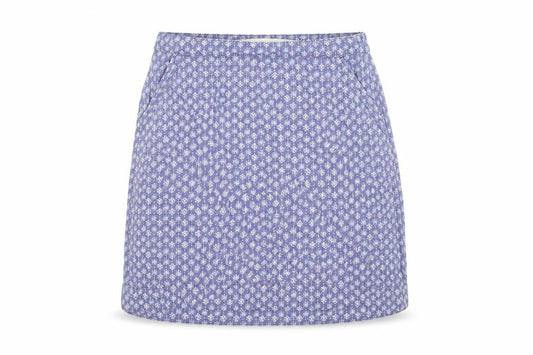 Front view of Next women’s blue geometric linen a-line skirt, size UK 14, zip - pockets