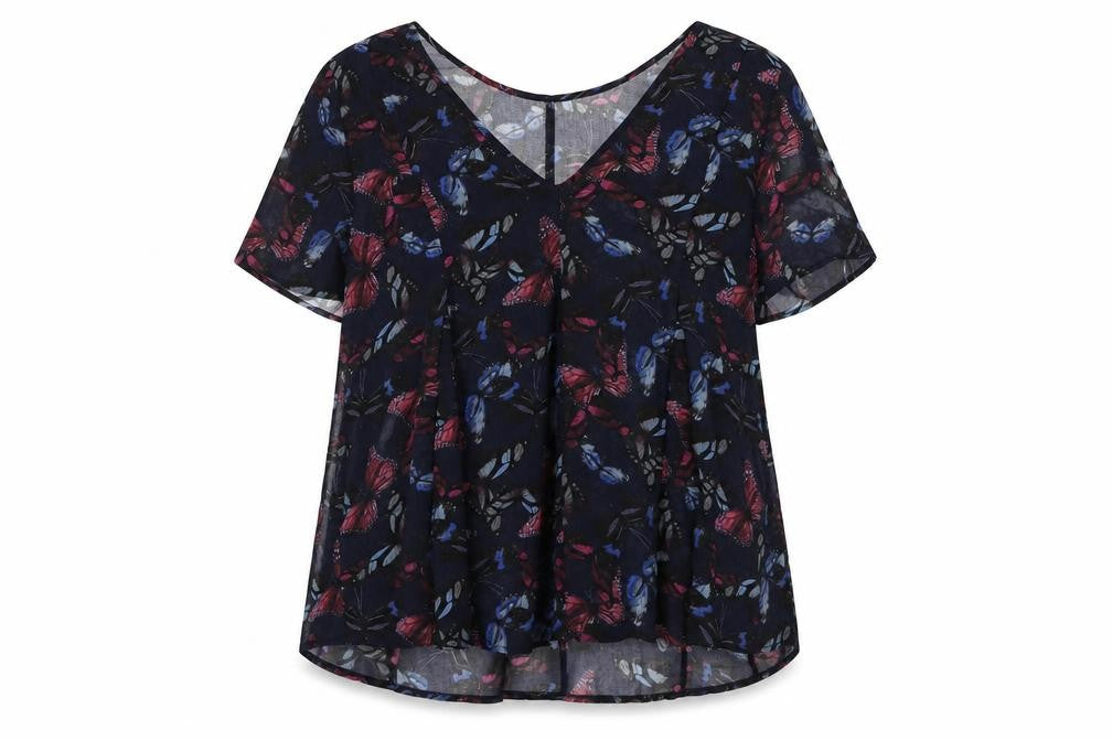 Next Womens Blue Geometric Polyester Basic Blouse Size 6 V-Neck - Butterfly Pattern