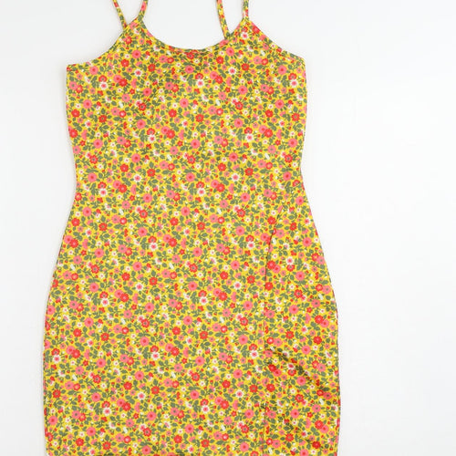 Wednesday's Girl Womens Yellow Floral Polyester Mini Size XS Round Neck Pullover