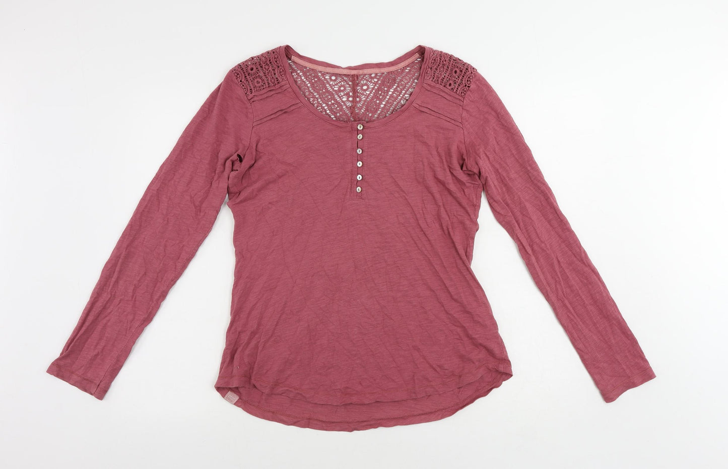 Fat Face Womens Pink Cotton Basic T-Shirt Size 14 Henley - Crochet Detail