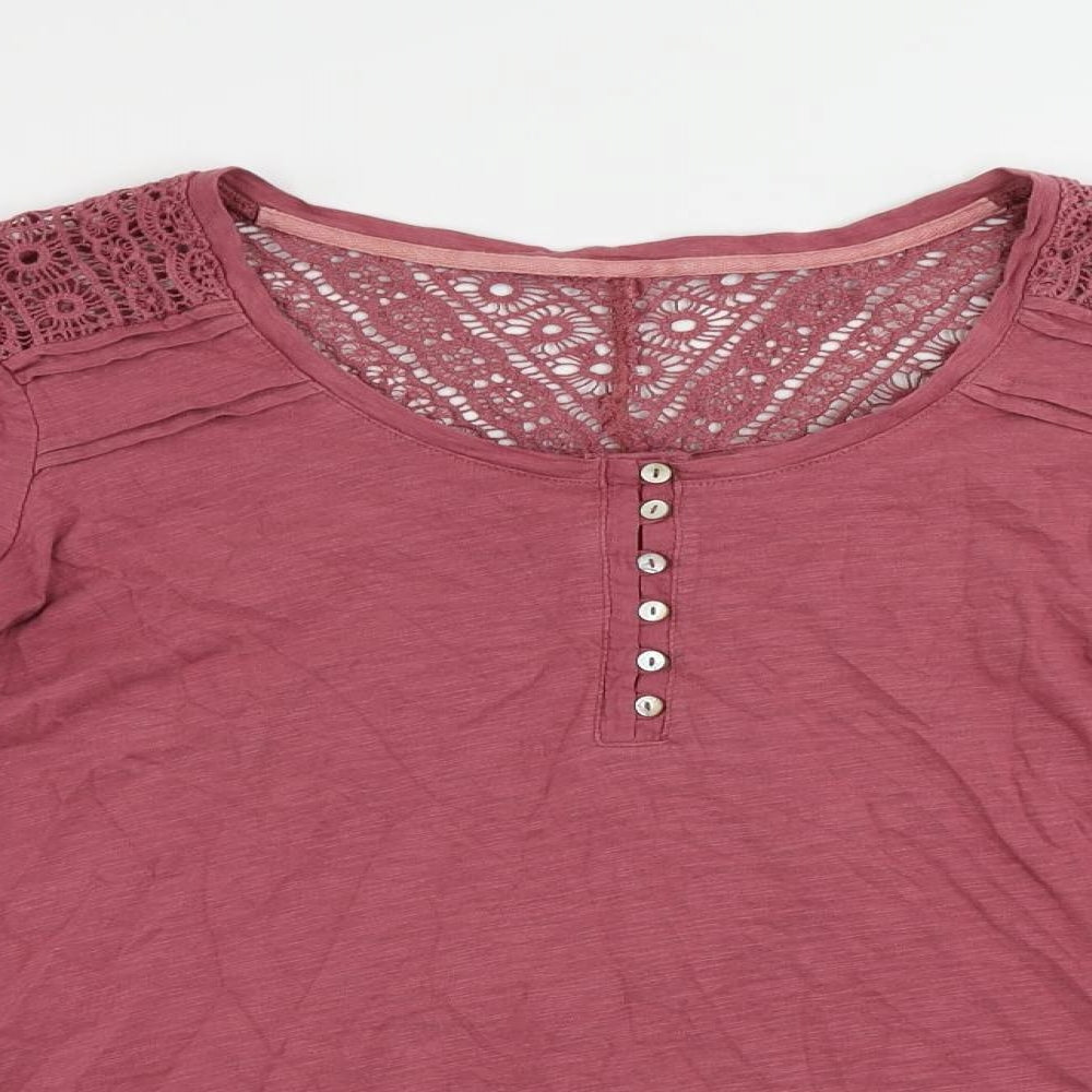 Fat Face Womens Pink Cotton Basic T-Shirt Size 14 Henley - Crochet Detail
