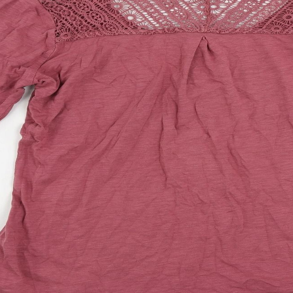 Fat Face Womens Pink Cotton Basic T-Shirt Size 14 Henley - Crochet Detail